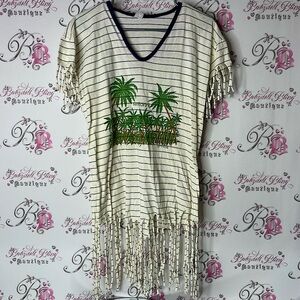 Turistiki dress Santorini Greece 🇬🇷 fringe hem White and Navy Striped T-Shirt